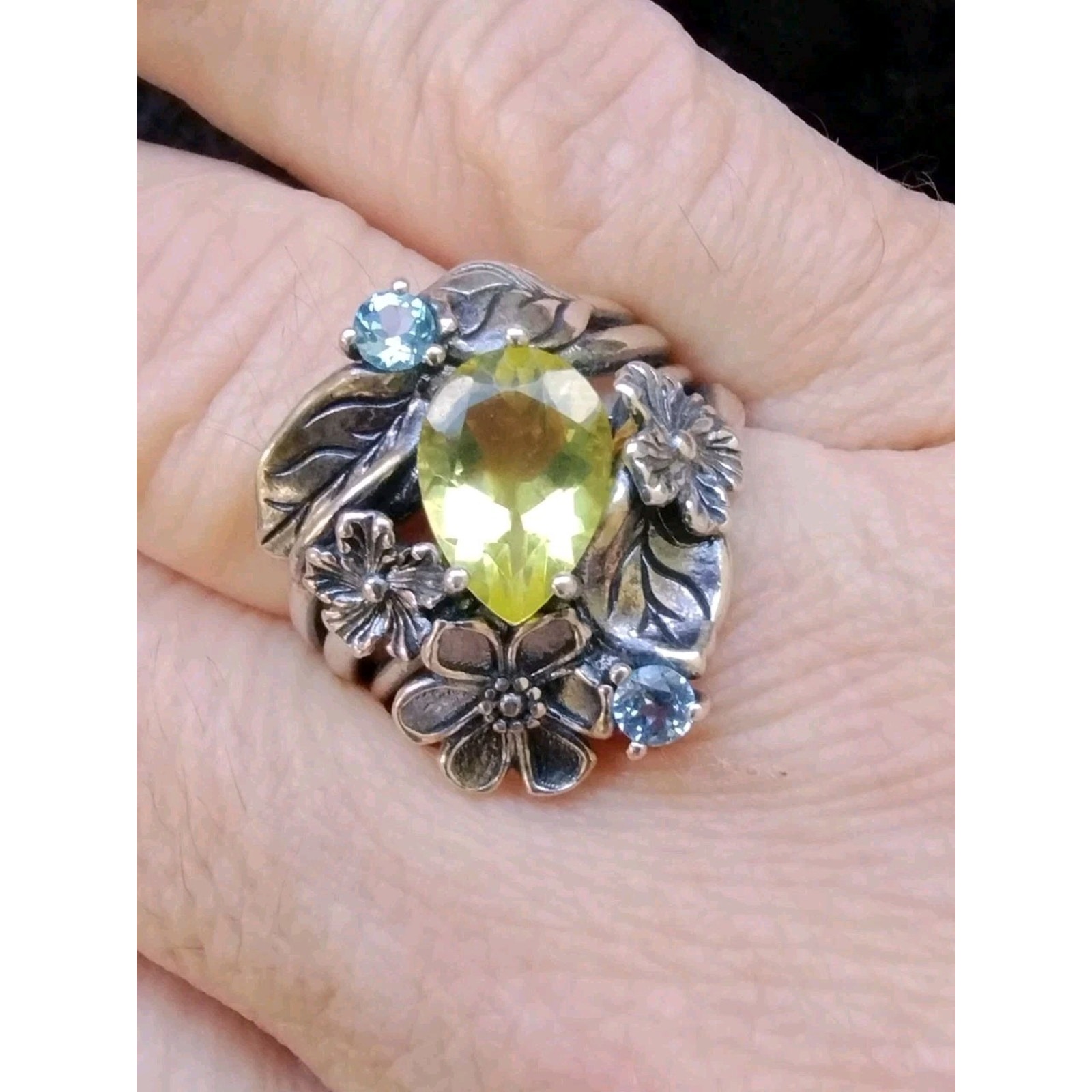 Or Paz Sterling 925 Floral Lemon Quartz & Blue Topaz Gemstone Ring Sz 9.25